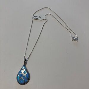 Elegant Sterling Silver and Aqua Man Made Opal Teardrop Pendant Necklace